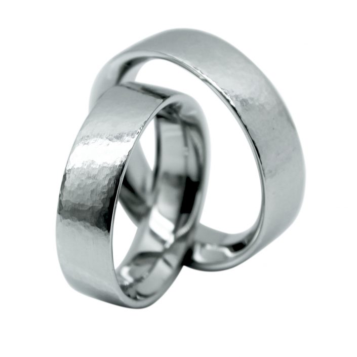 Platinum Wedding Rings with small hammered surface texture by William Cheshire London Jeweller