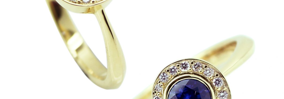 18 ct Yellow Gold Engagement Ring with .90ct Sapphire and diamond pave