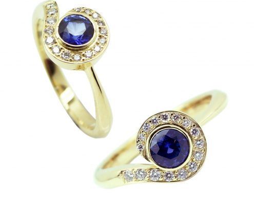 18 ct Yellow Gold Engagement Ring with .90ct Sapphire and diamond pave