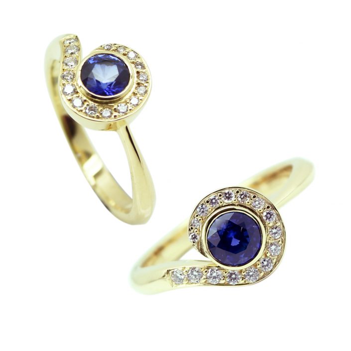 18 ct Yellow Gold Engagement Ring with .90ct Sapphire and diamond pave
